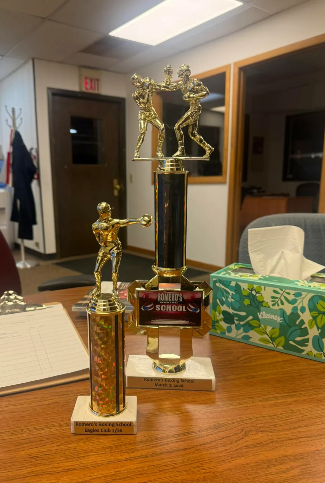 Trophies from Romero's Boxing School's first events — Eagles Club 2/26 and March 7, 2026